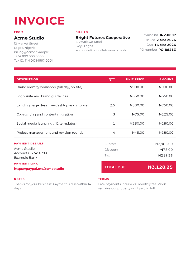 The Bold invoice template, shown on a sample invoice