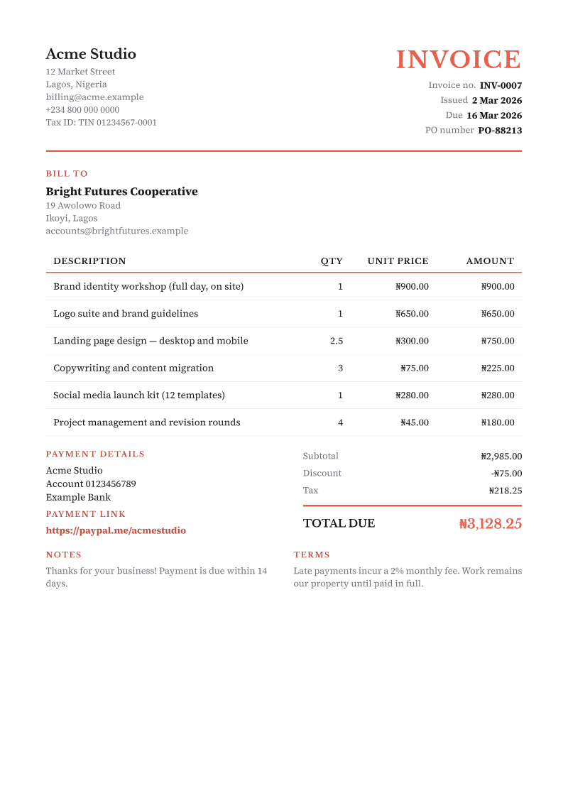 The Classic invoice template, shown on a sample invoice