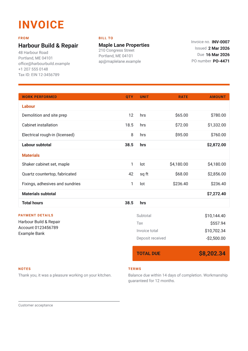 The Contractor invoice template, shown on a sample invoice