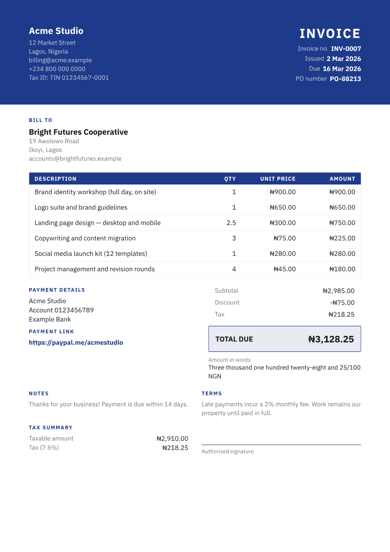 The Corporate invoice template, shown on a sample invoice