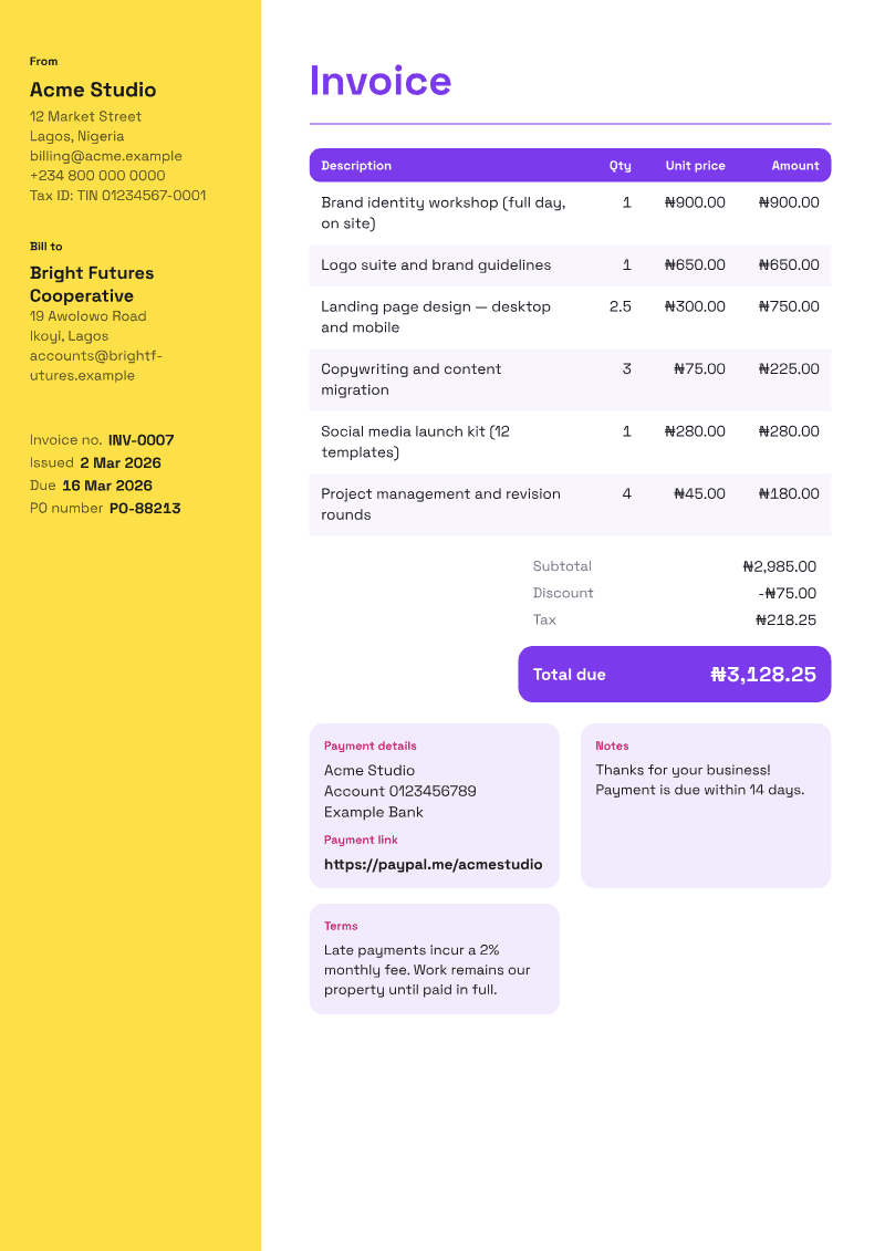 The Creative Studio invoice template, shown on a sample invoice