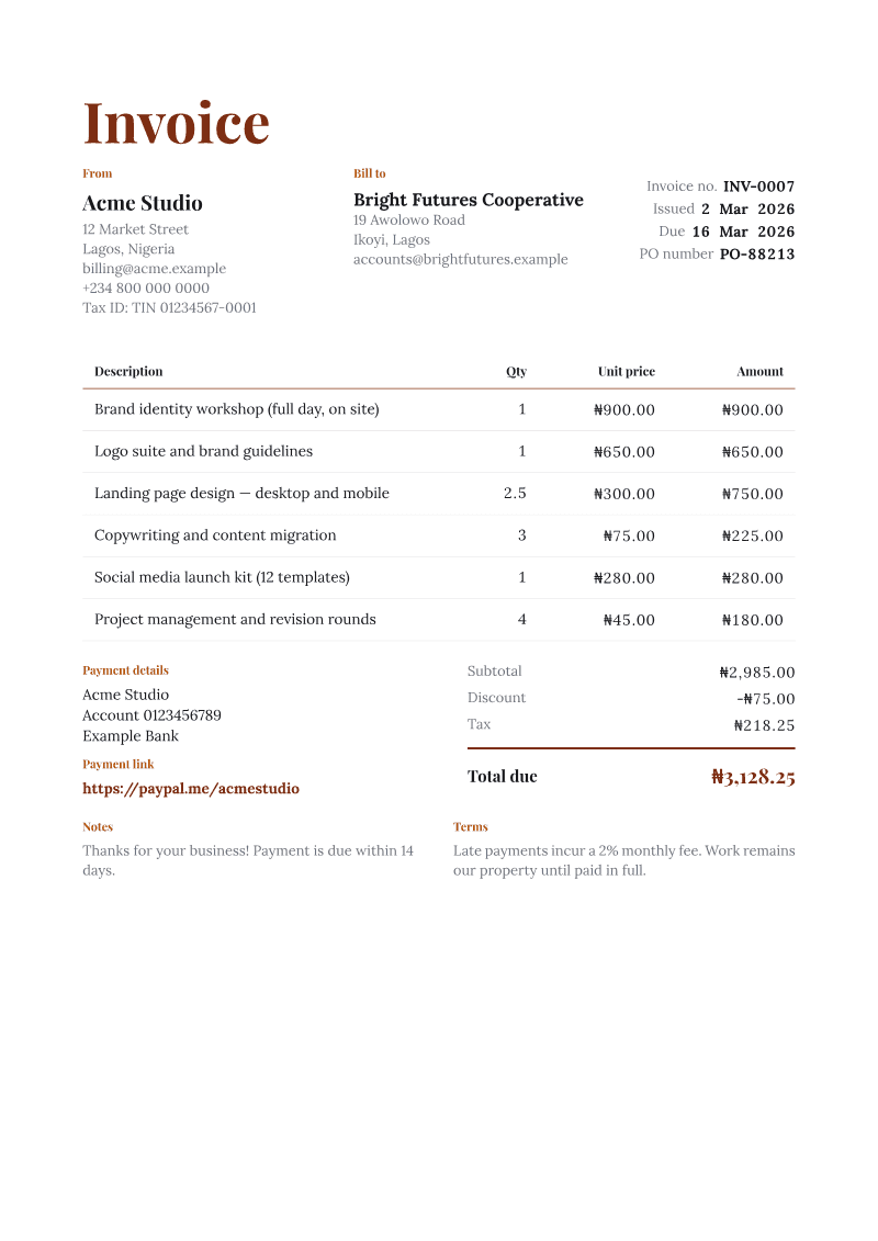 The Editorial invoice template, shown on a sample invoice