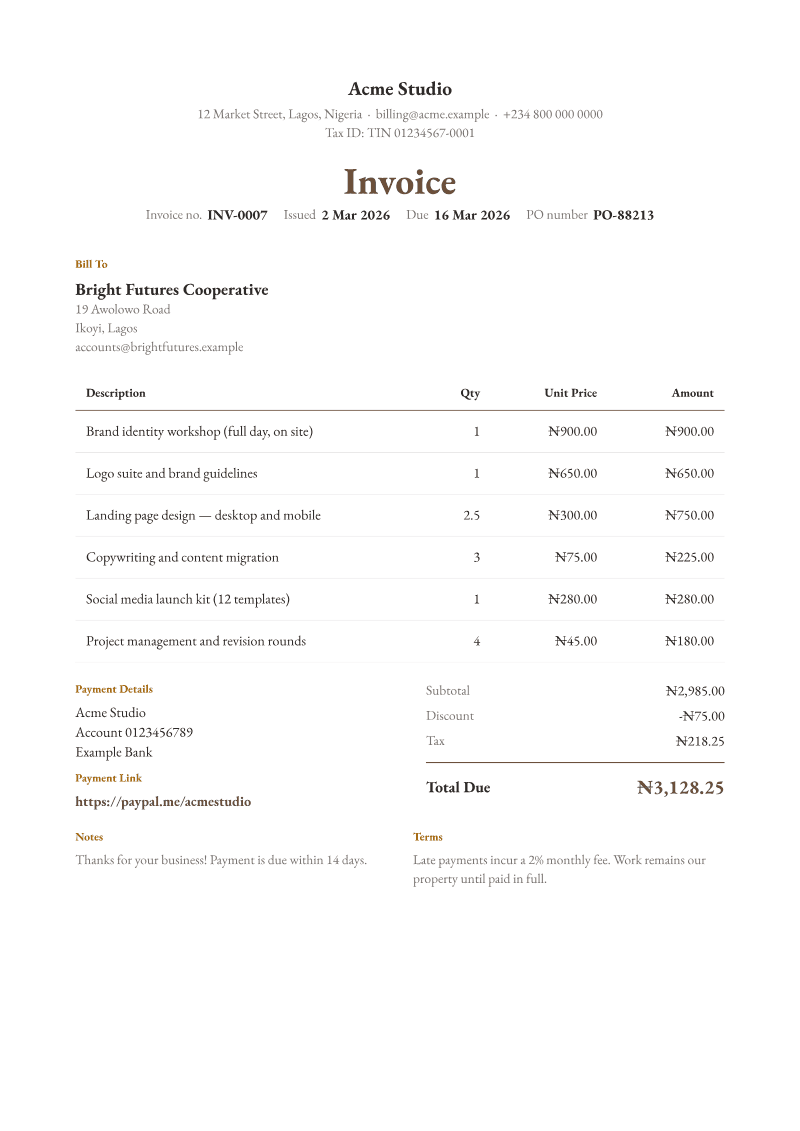 The Elegant invoice template, shown on a sample invoice