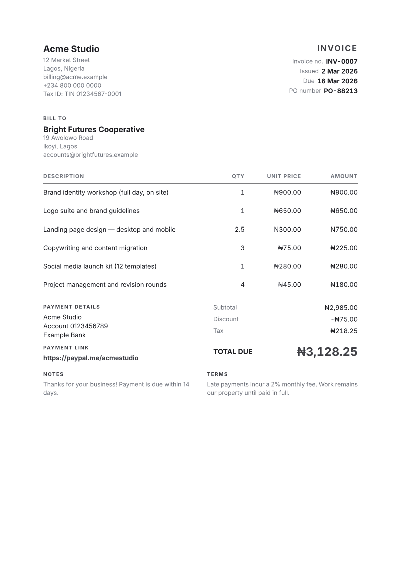 The Minimal invoice template, shown on a sample invoice
