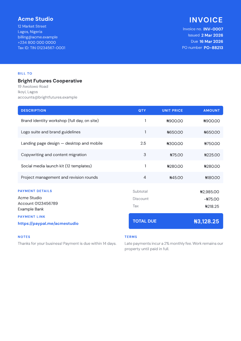 The Modern invoice template, shown on a sample invoice