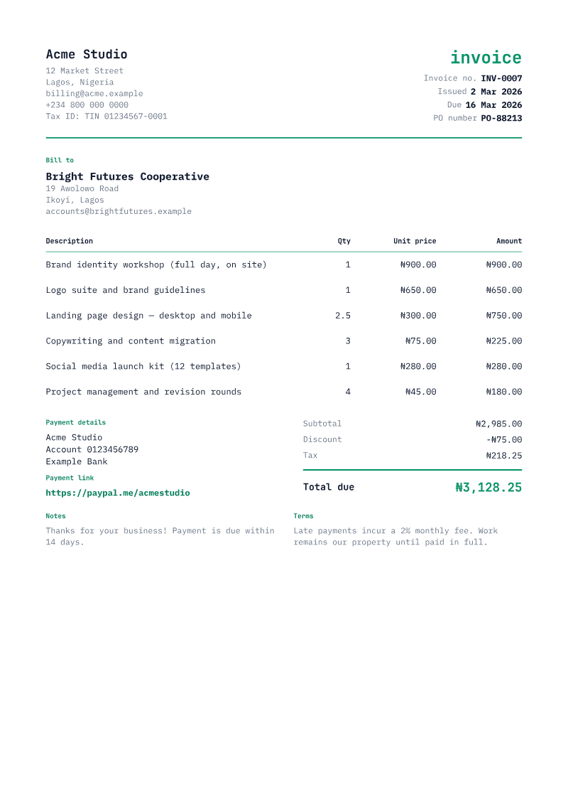 The Mono / Tech invoice template, shown on a sample invoice