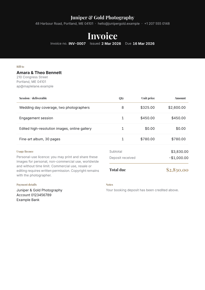 The Photographer invoice template, shown on a sample invoice