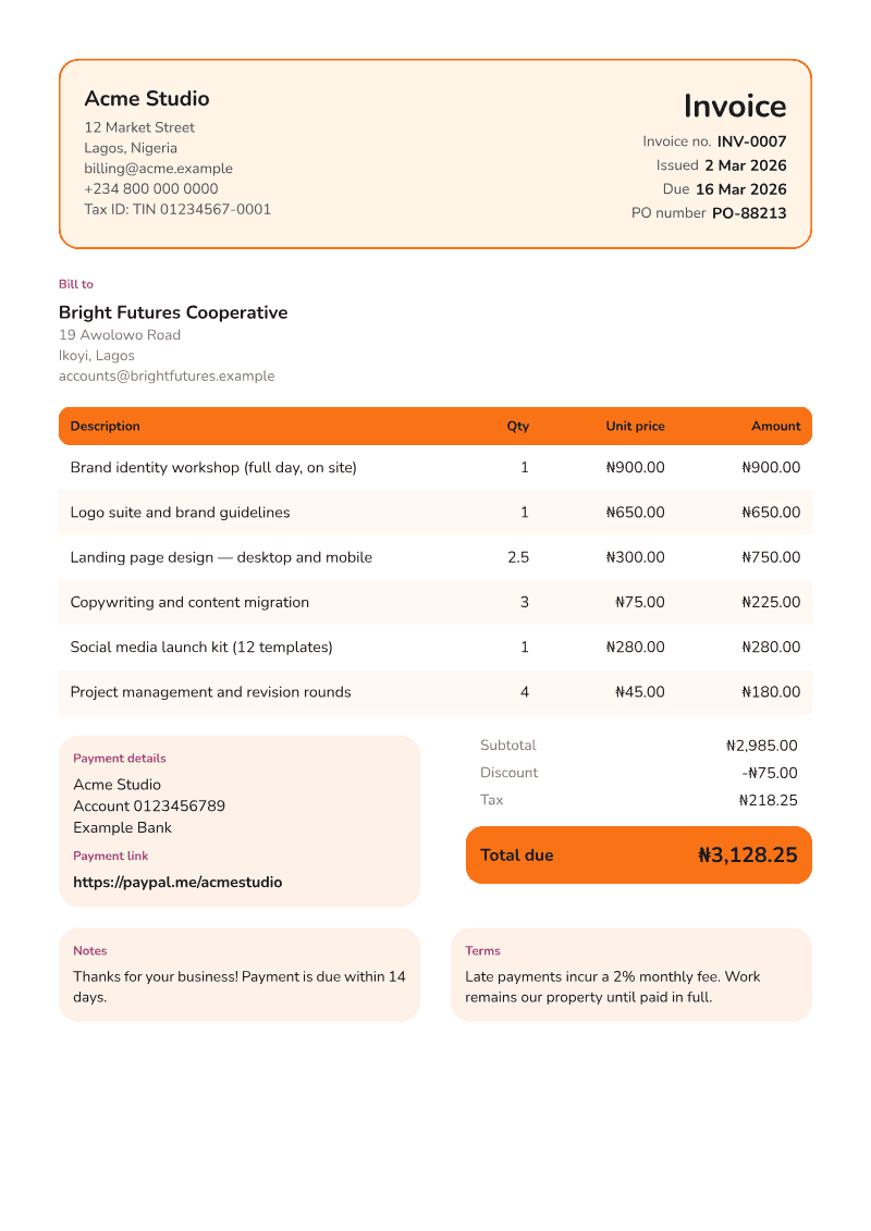 The Playful invoice template, shown on a sample invoice