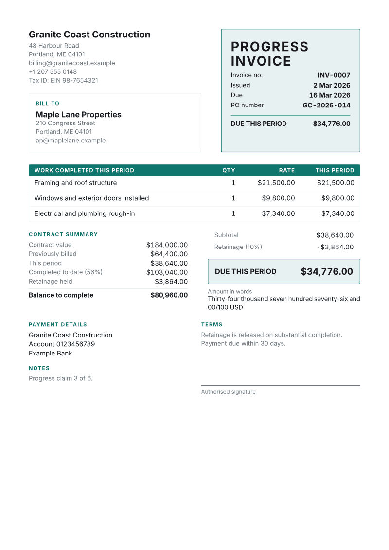 The Progress Billing invoice template, shown on a sample invoice