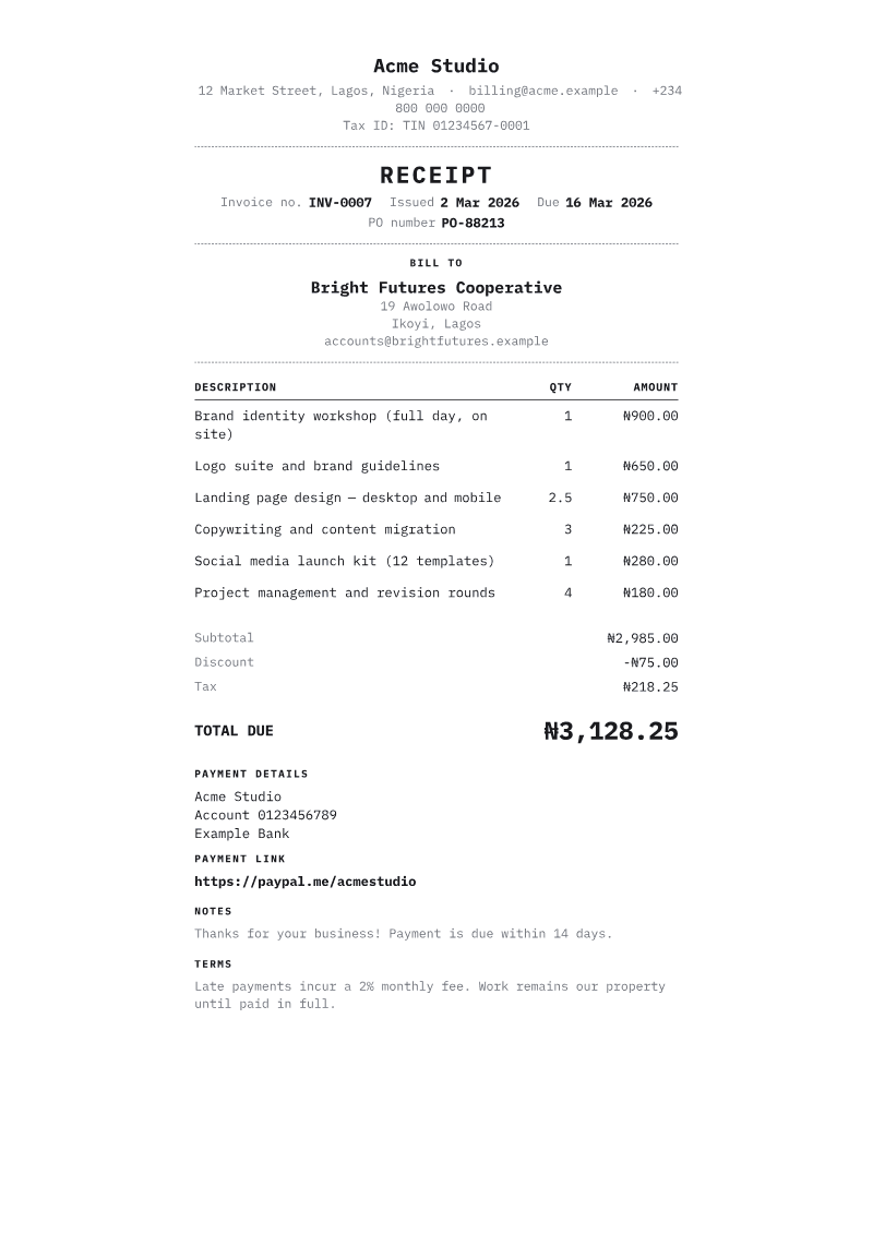 The Receipt invoice template, shown on a sample invoice