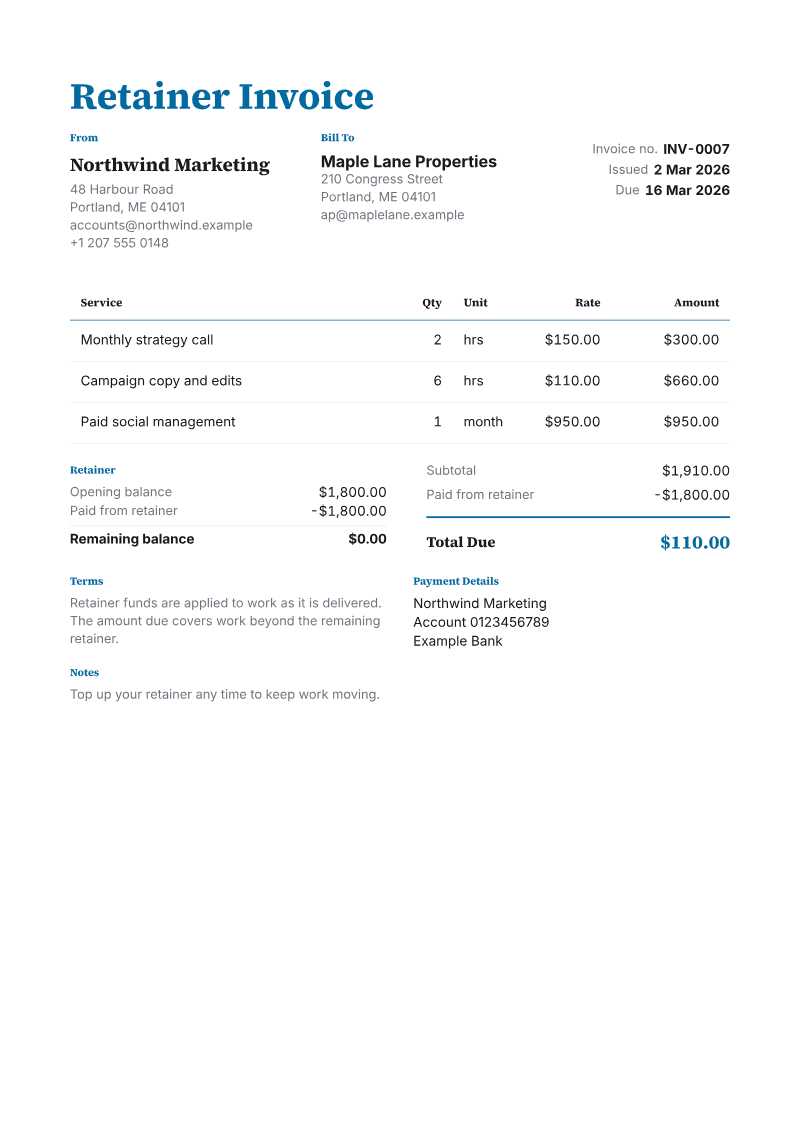 The Retainer invoice template, shown on a sample invoice