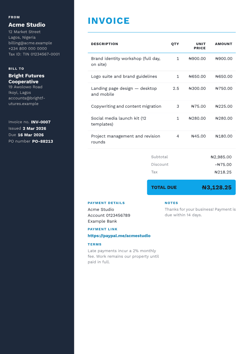 The Sidebar invoice template, shown on a sample invoice
