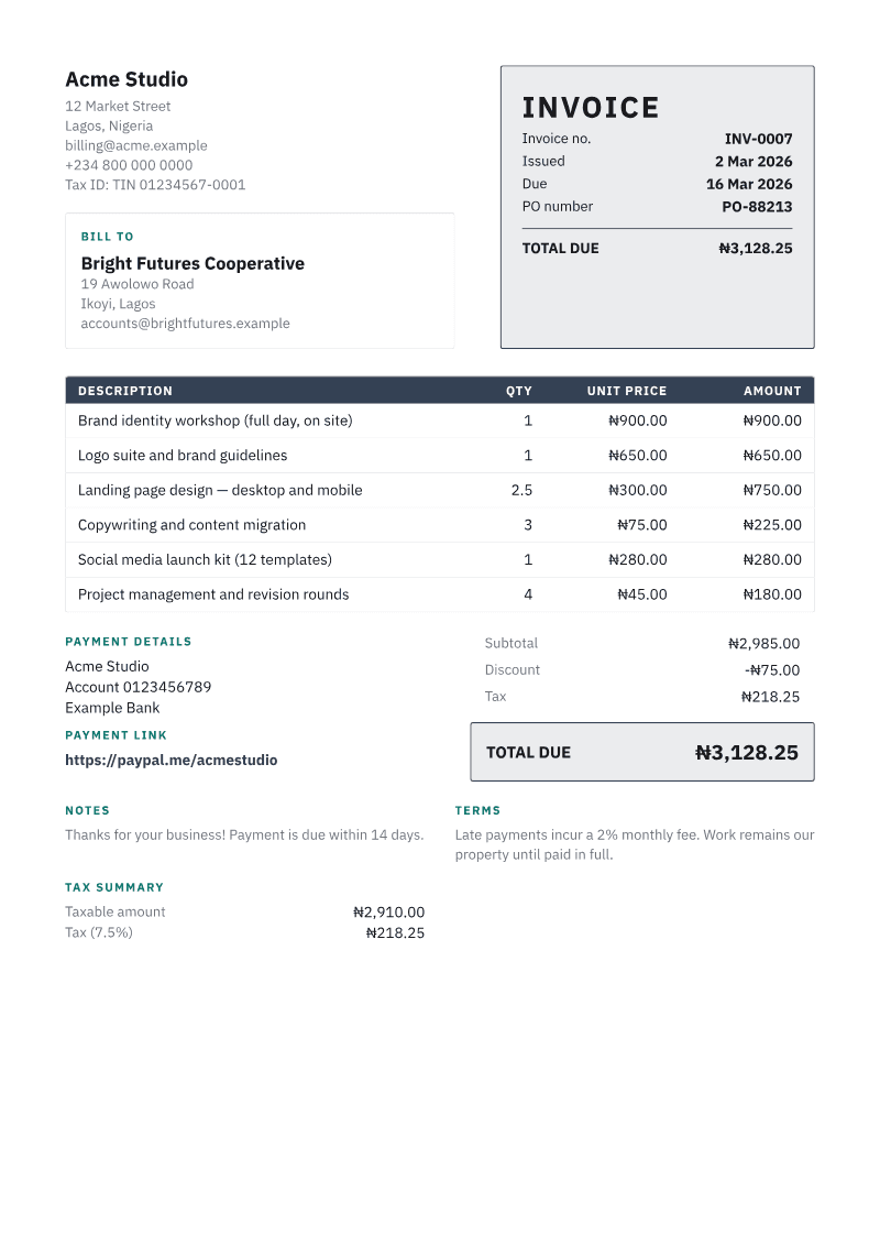 The Ledger invoice template, shown on a sample invoice
