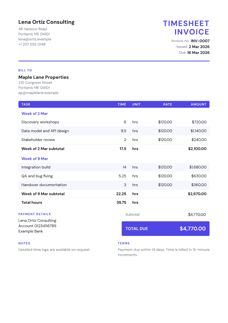 The Timesheet invoice template, shown on a sample invoice